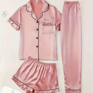 סט פיג'מה סאטן 3 חלקים מידה L