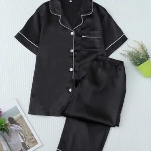 סט פיג'מה סאטן 2 חלקים ארוך שחור מידה M